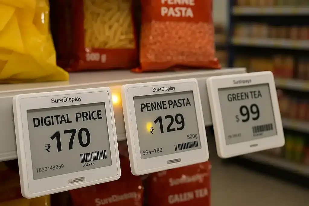 Electronic shelf labels deployed across different retail formats including supermarket warehouse pharmacy and convenience store